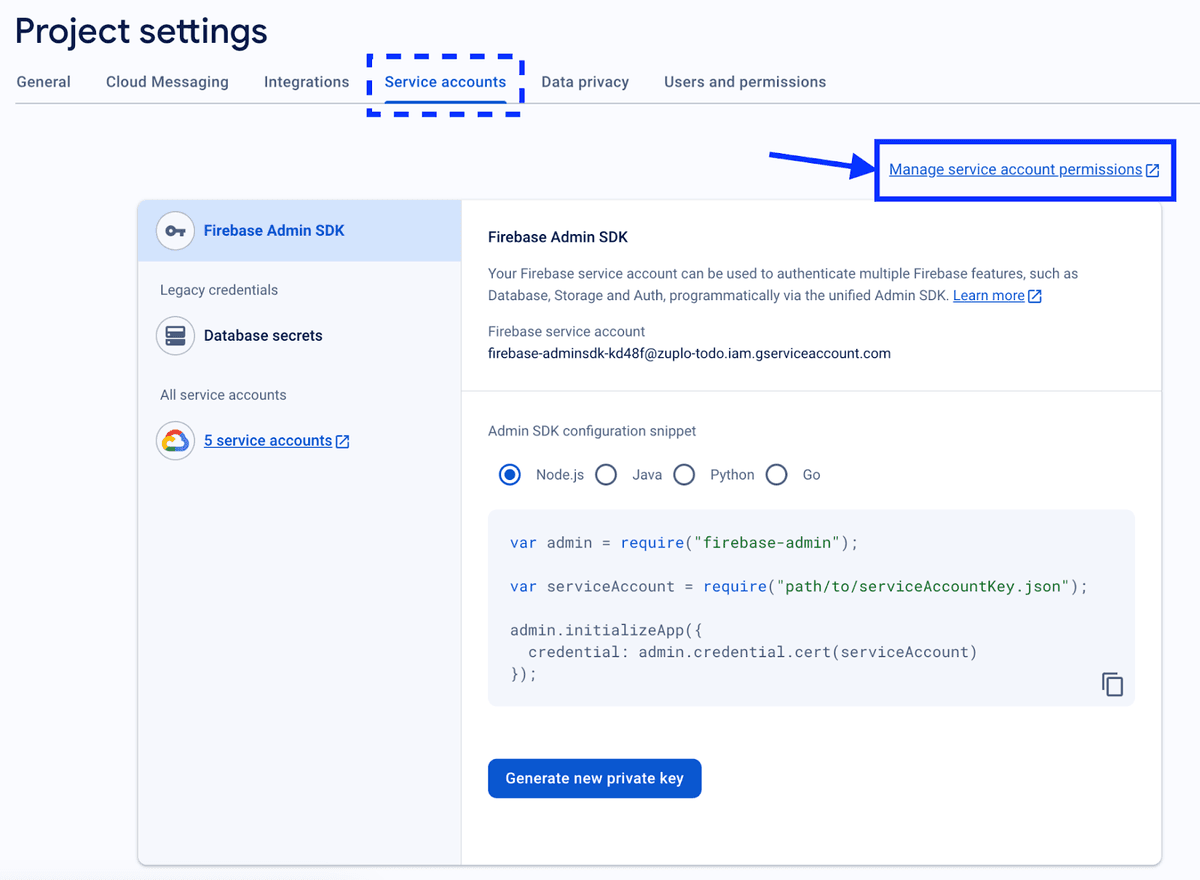 Firebase project settings