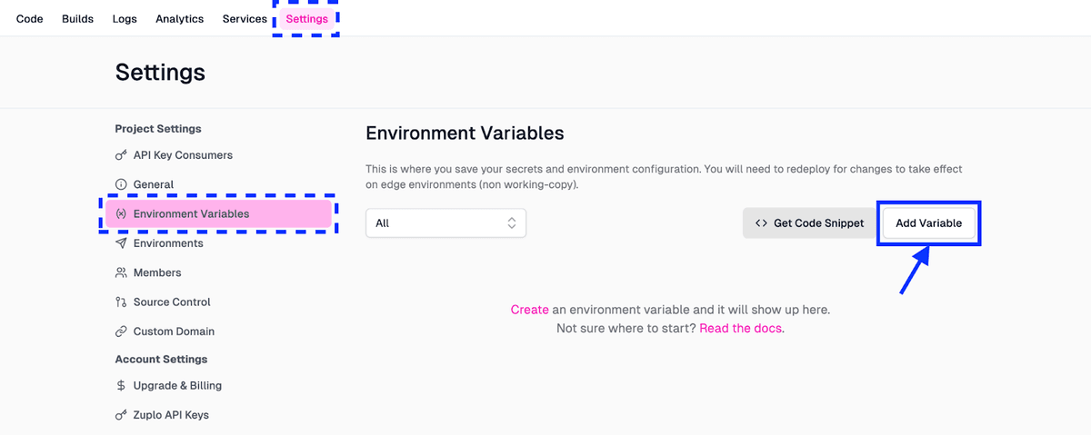 Adding environment variable to Zuplo