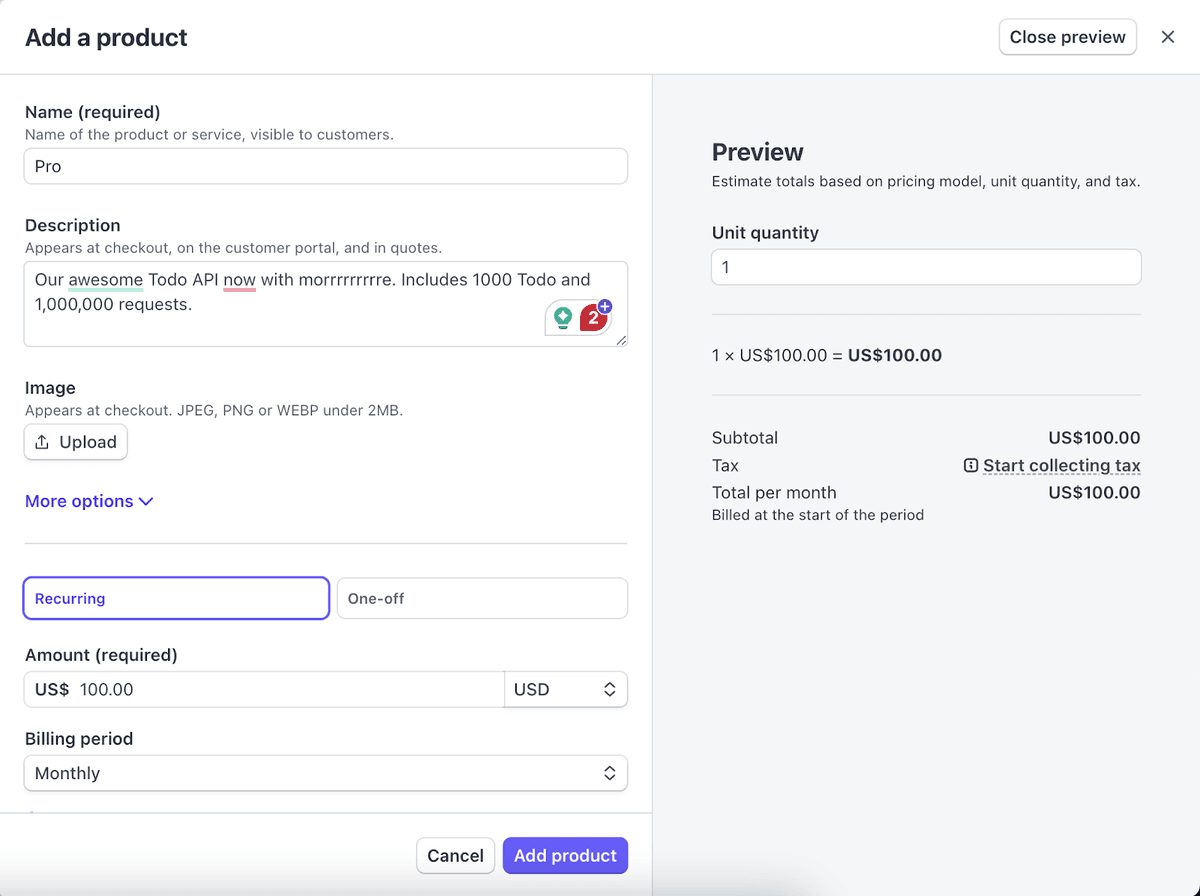 Stripe product configuration
