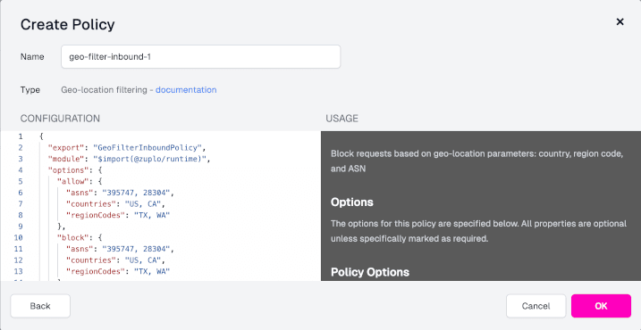 Geo-filtering policy