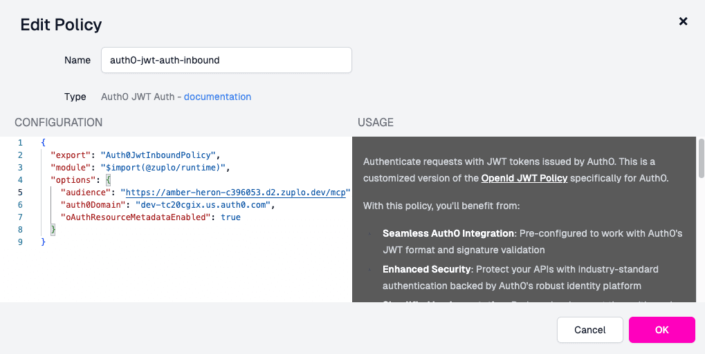 OAuth policy configuration form