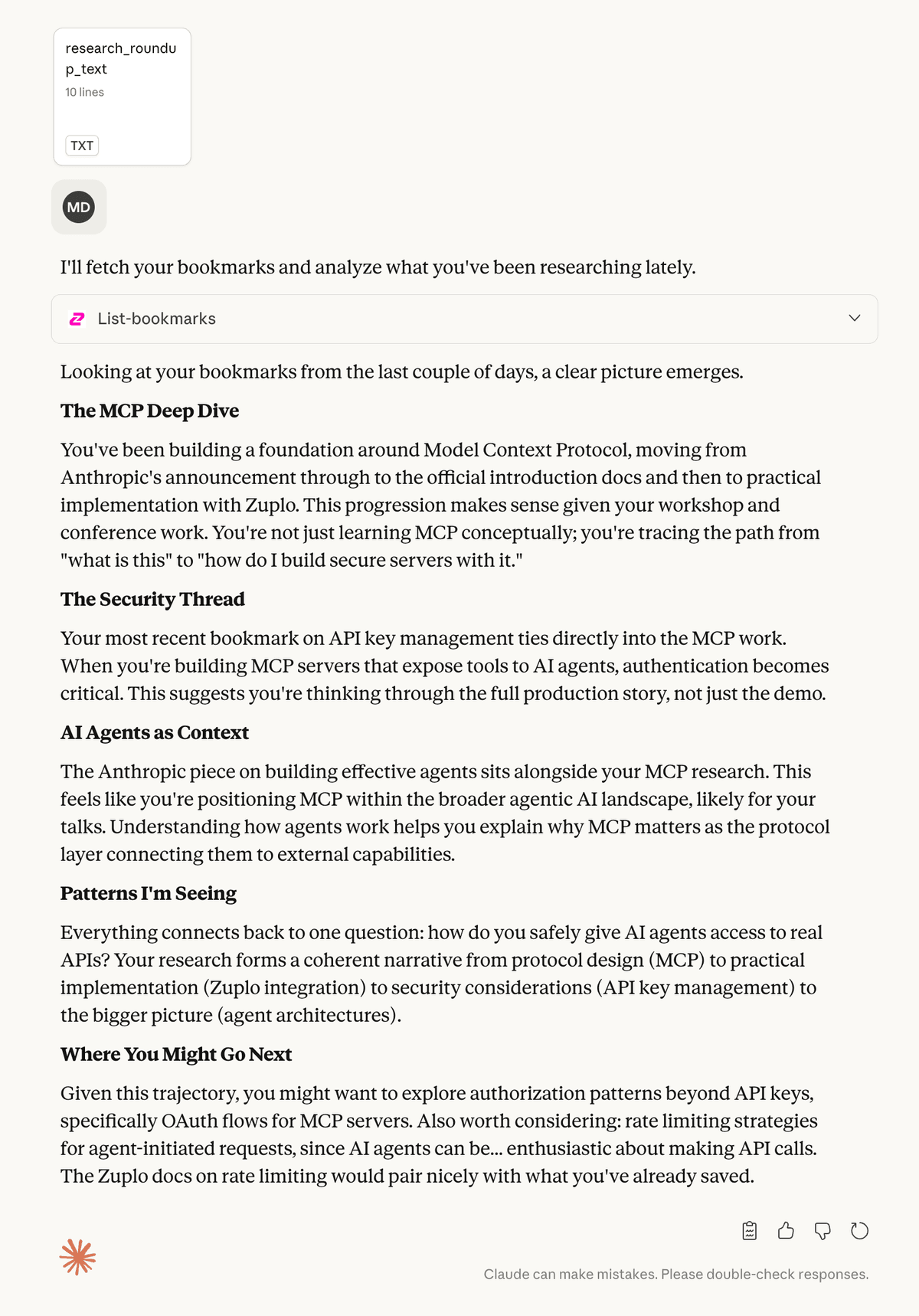 The research roundup prompt in action in Claude Desktop