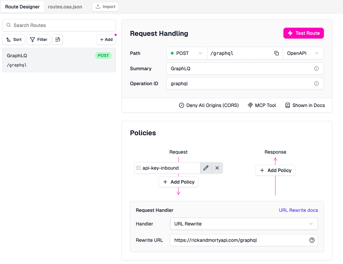 Setting up the GraphQL endpoint in the Zuplo Route Designer