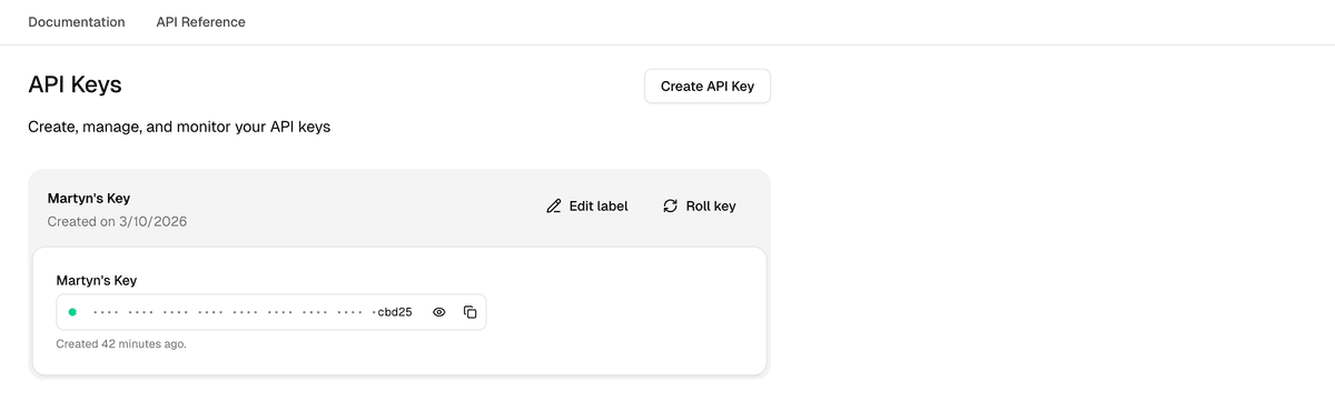 The developer portal API key management page where users can create and manage their own API keys