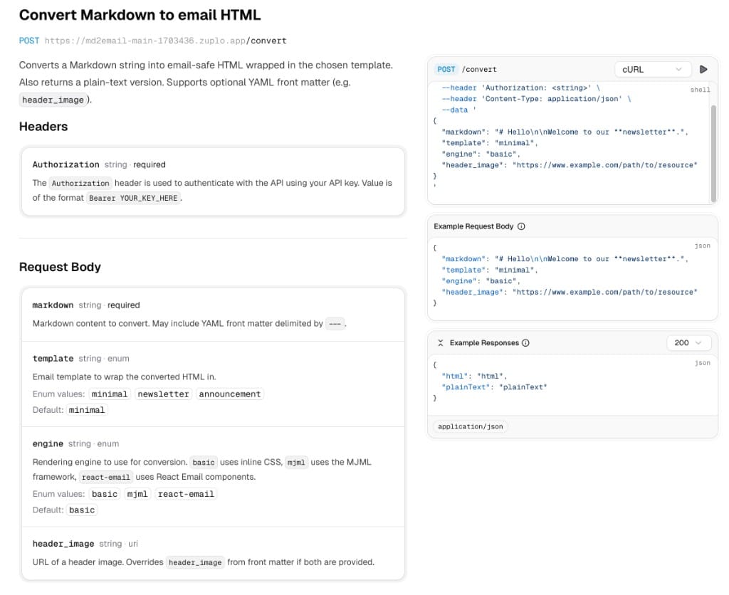 The auto-generated developer portal showing interactive documentation for the /convert endpoint with request schemas and examples
