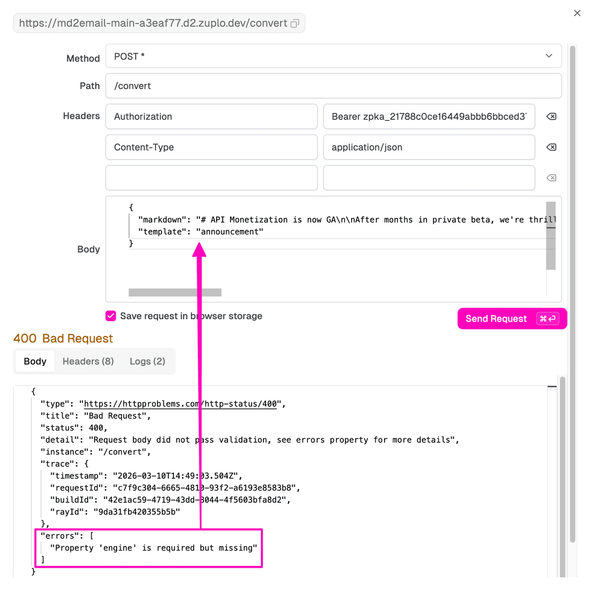 A 400 Bad Request response showing the validation error when an invalid engine value is sent to the /convert endpoint